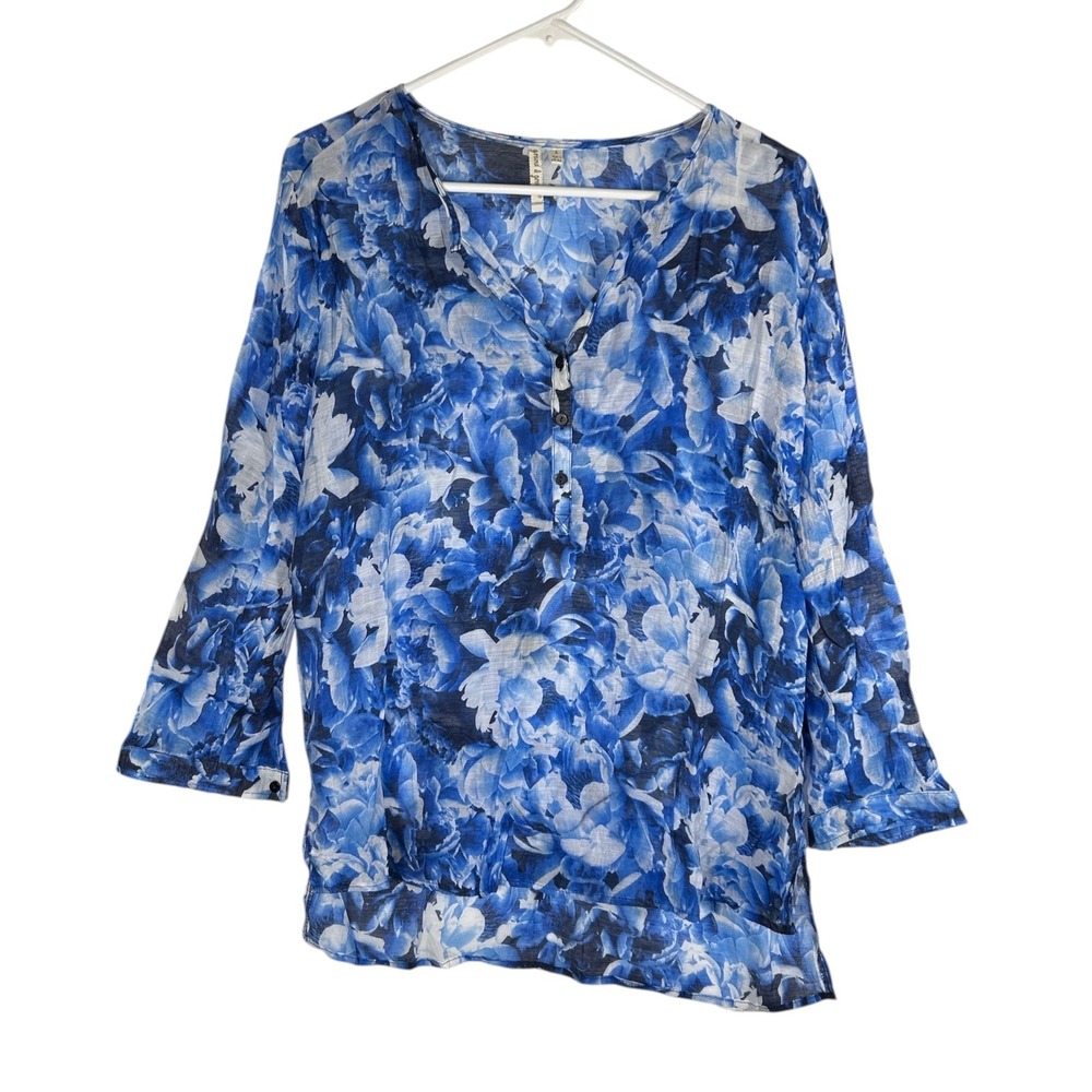 Grand & Greene Blue White Floral Henley Blouse Roll Tab Sleeve Large